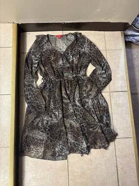 GUESS Women's Leopard Print Chiffon V-Neck Long Sleeve Tiered Ruffle Dress